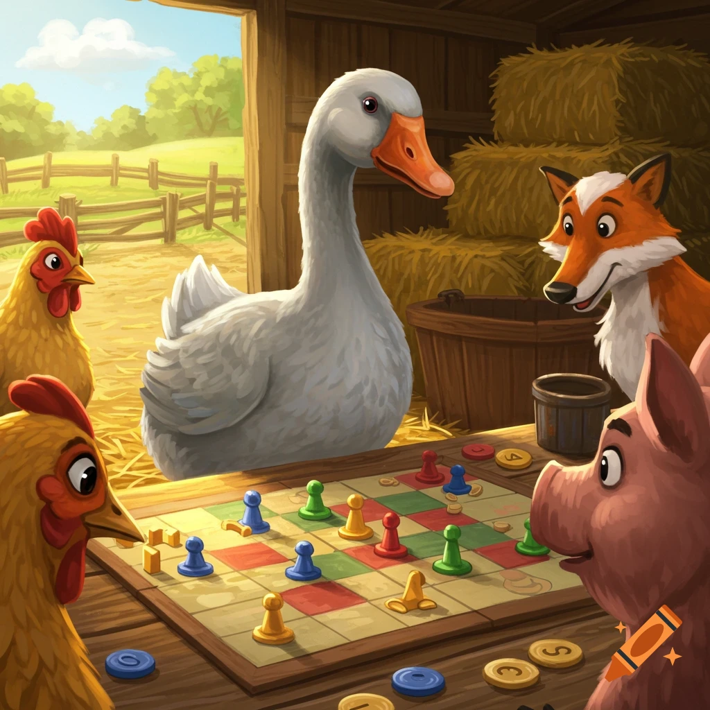 Cartoon farm animals playing a board game in a barn.