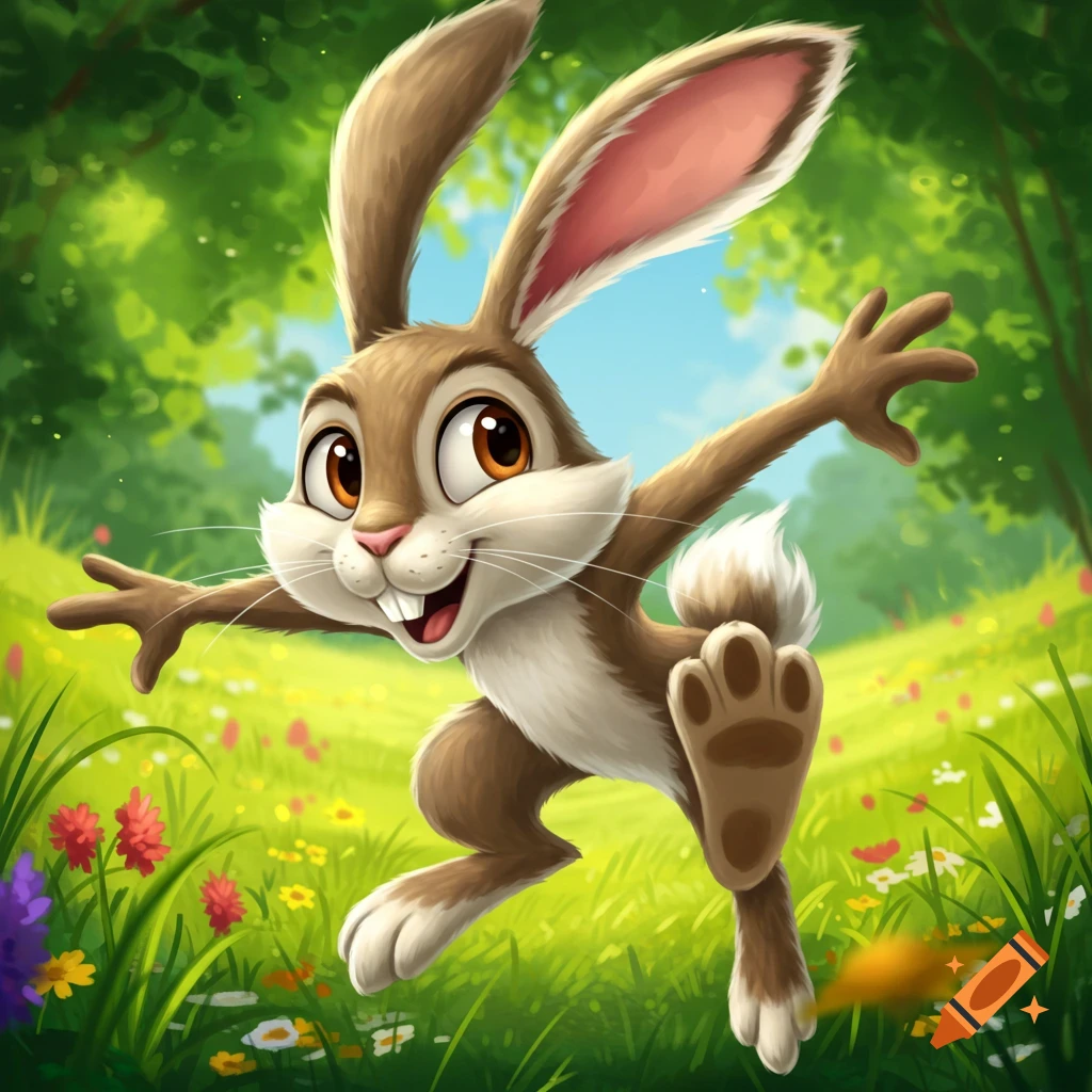Cartoon rabbit jumping in a grassy field with flowers.