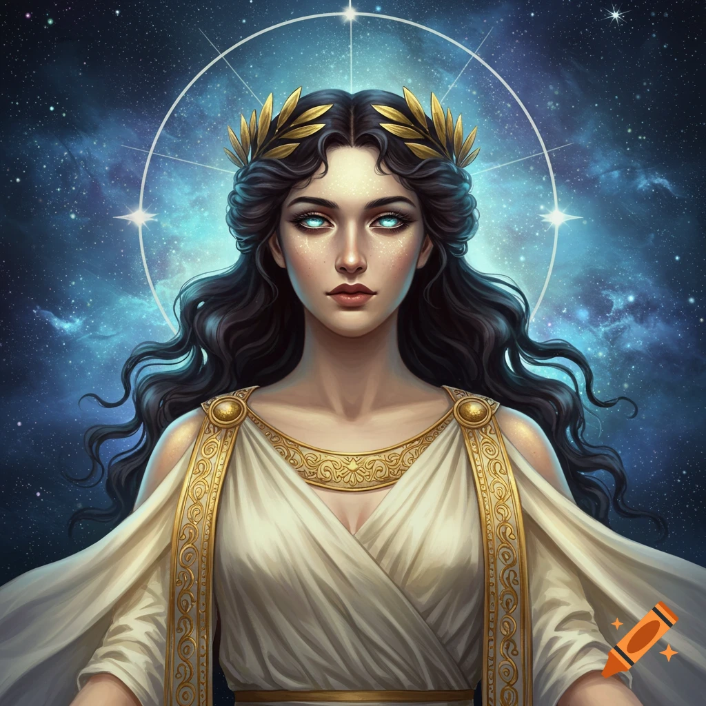 A goddess with glowing eyes and a laurel crown is depicted against a starry sky.