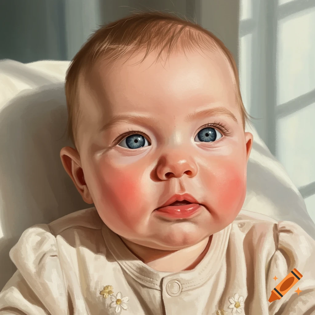 A baby with blue eyes and rosy cheeks.