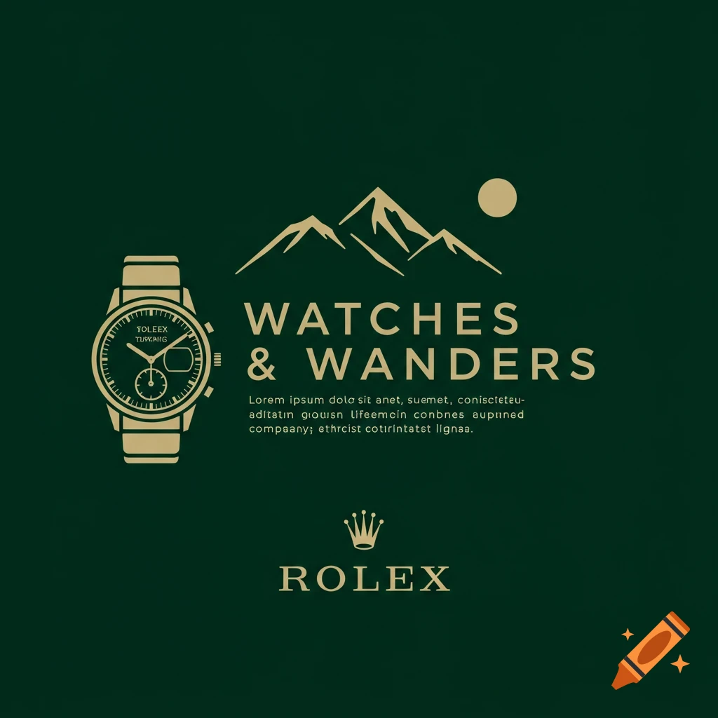 Minimalist logo for 'Watches & Wanders' featuring a gold watch, mountains, and text on a green background.