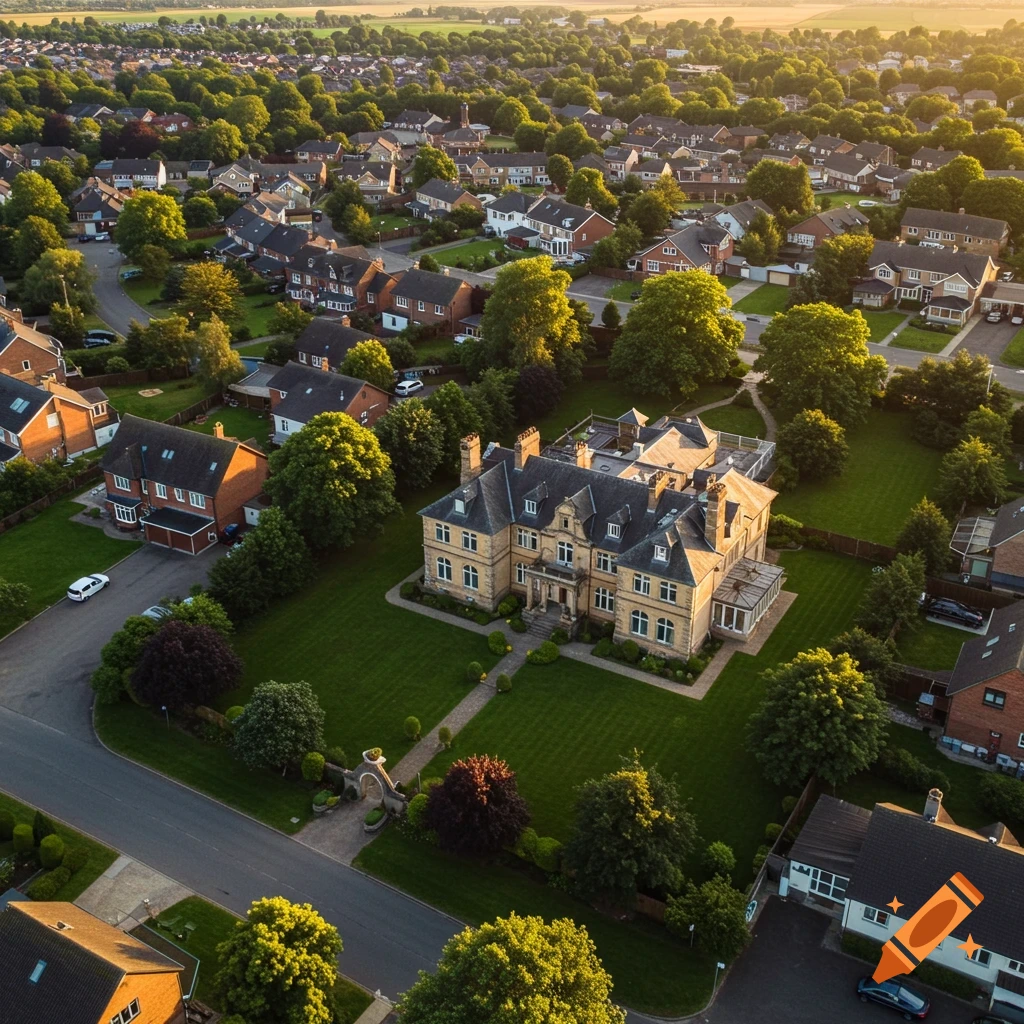 Aerial view of a large house standing out in a suburban neighborhood at sunset.