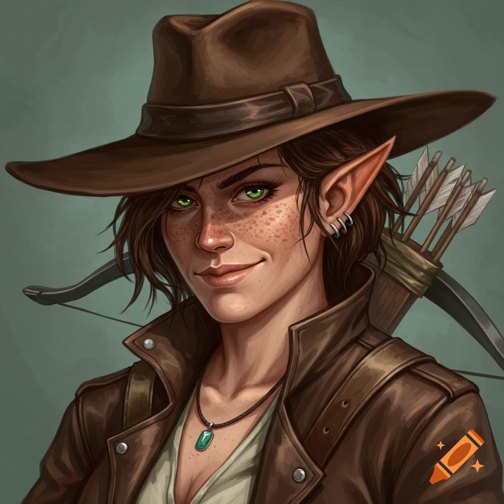 A half-elf woman wearing a fedora and leather jacket, carrying a crossbow and arrows.