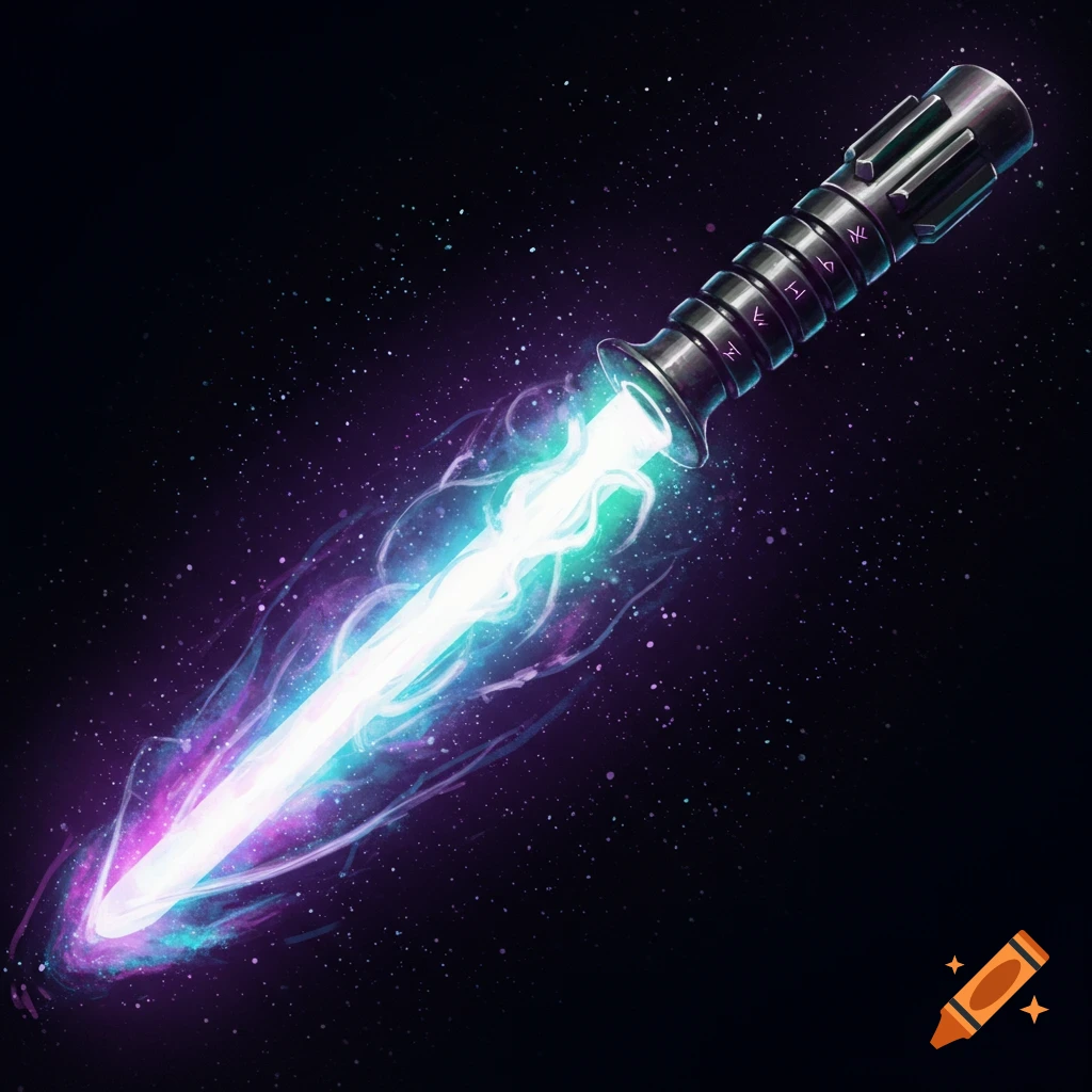 A galactic saber glowing with energy in space.