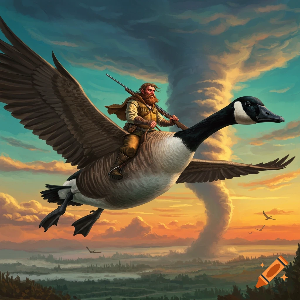 Man riding a Canada goose with tornado in background on Craiyon