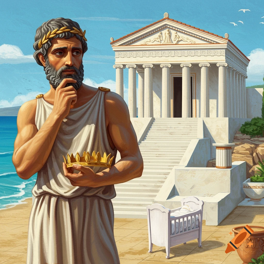 Man in Greek tunic holding crown by temple and crib on beach.