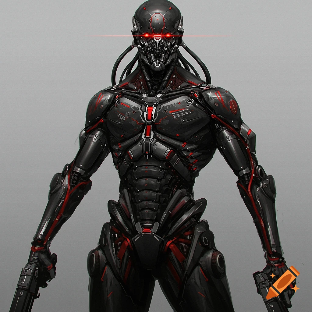 A black and red cyborg with glowing red eyes and holding guns