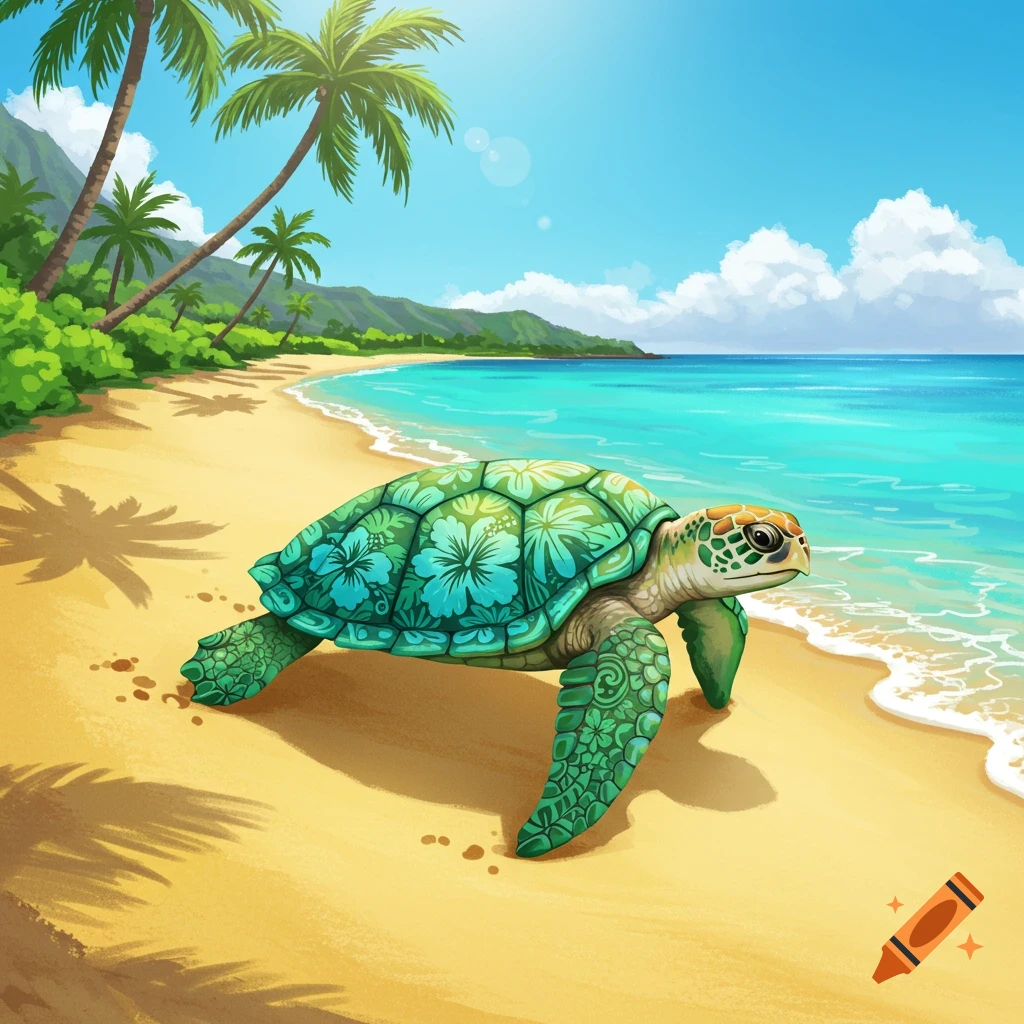 A decorative sea turtle walks on a tropical beach towards the ocean.
