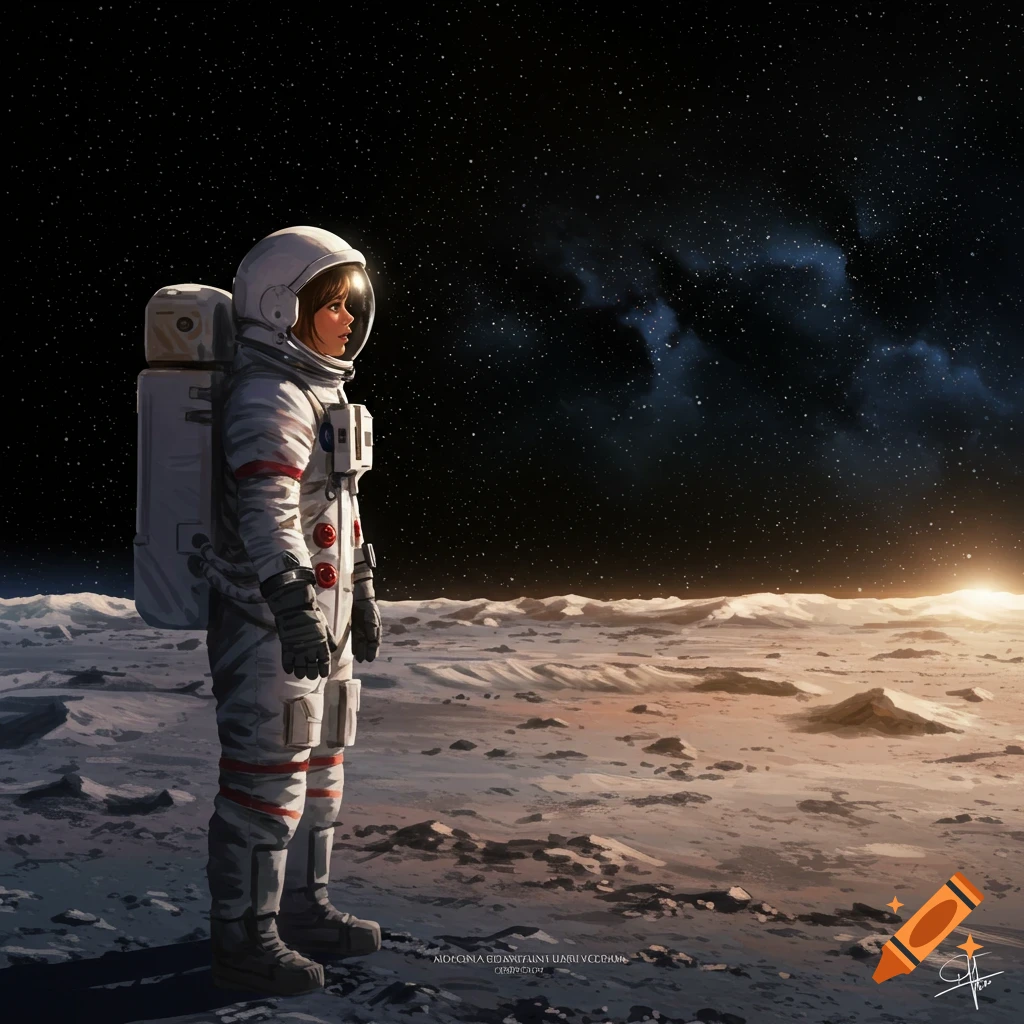 An astronaut standing on the moon surface looking out at the starry sky.