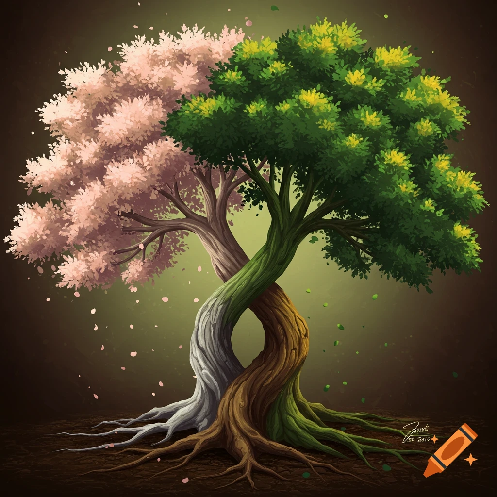 Two intertwined trees, one with pink blossoms and one with green leaves, with roots spreading.