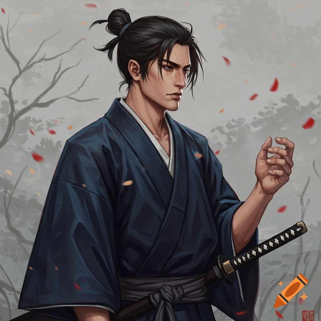 A Japanese ronin with a katana in a dark kimono, surrounded by falling petals.