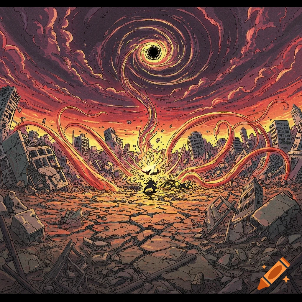 A black vortex above a ruined city, red energy tentacles descend towards figures on the ground. Comic art style.