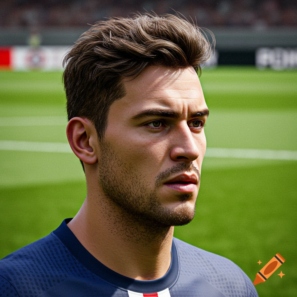 Close-up realistic portrait of a male soccer player on a field.