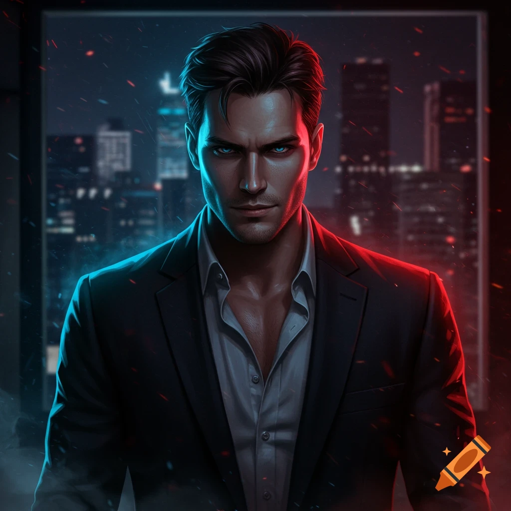 A man in a suit stands against a city night skyline with dramatic blue and red lighting.