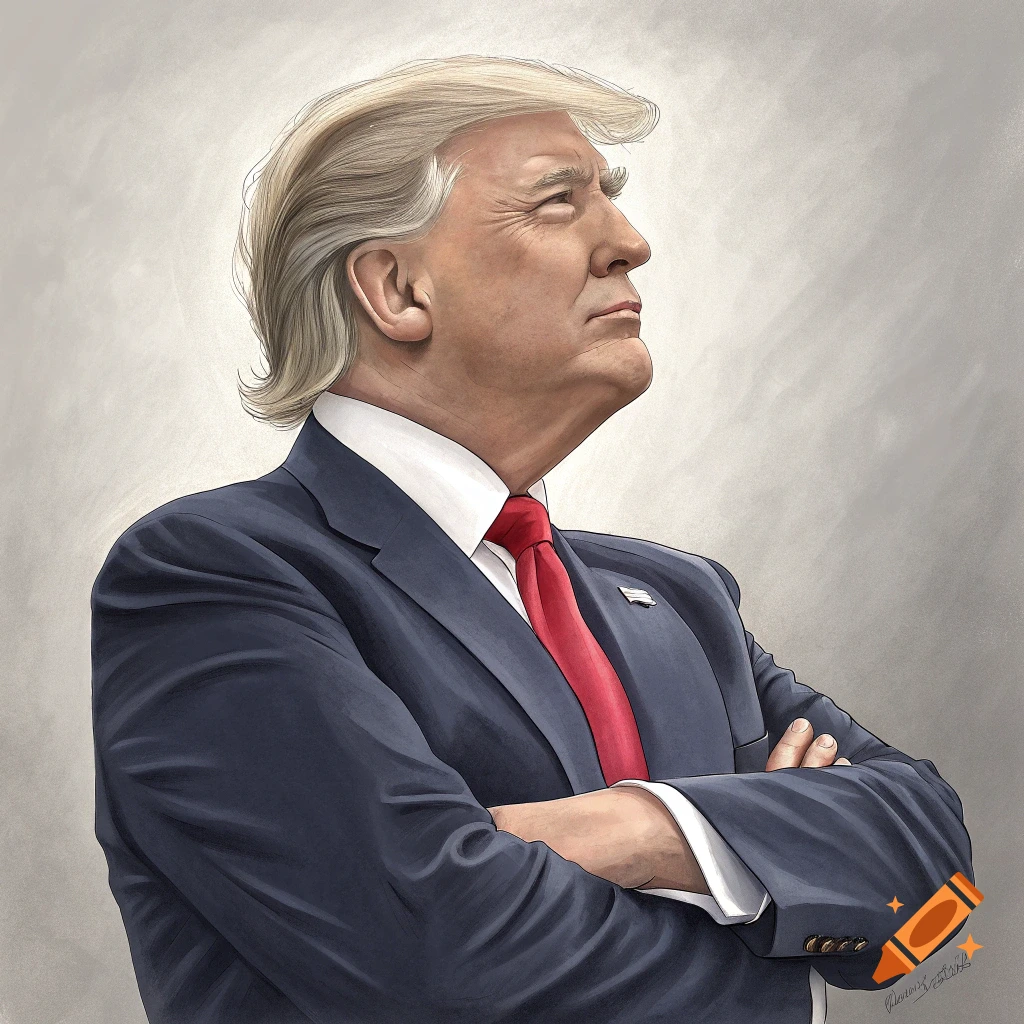 Illustration of Donald Trump in a blue suit, arms crossed, looking upwards