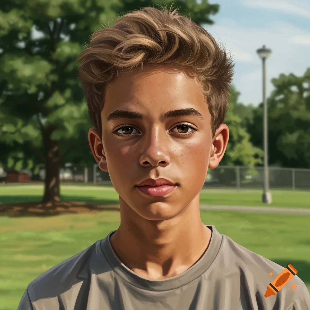 Portrait of a young male with brown hair and freckles in a park.