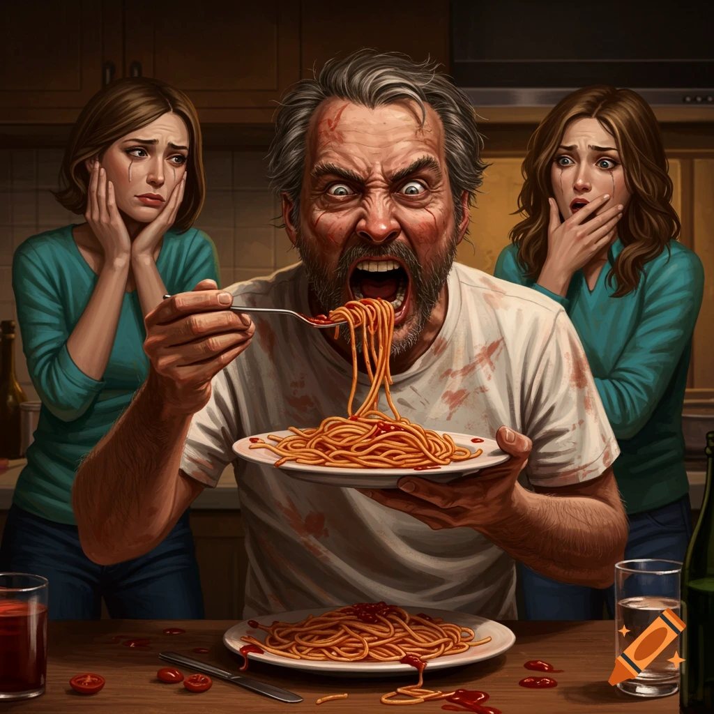 A screaming man aggressively eating spaghetti from a plate, while two women react in distress in a dimly lit kitchen.