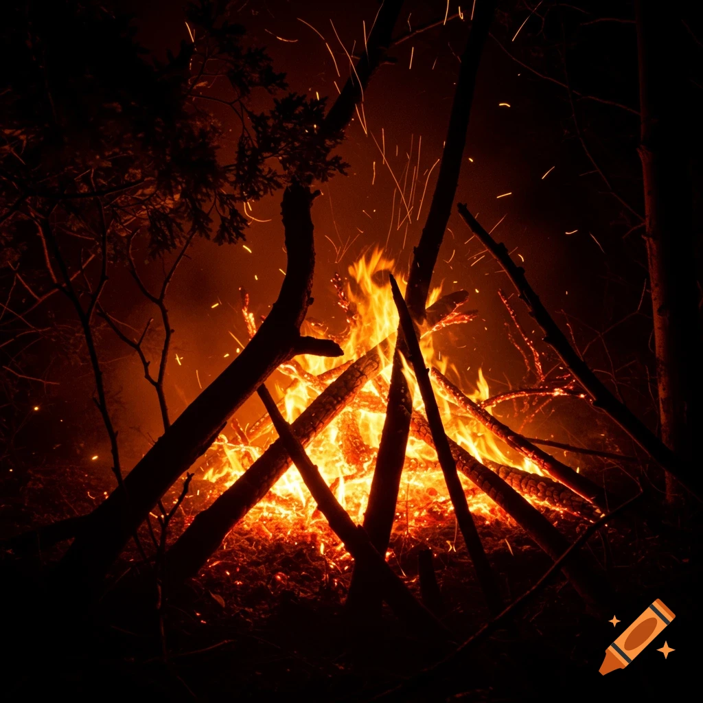 A campfire burning brightly in a dark forest at night, with sparks rising.