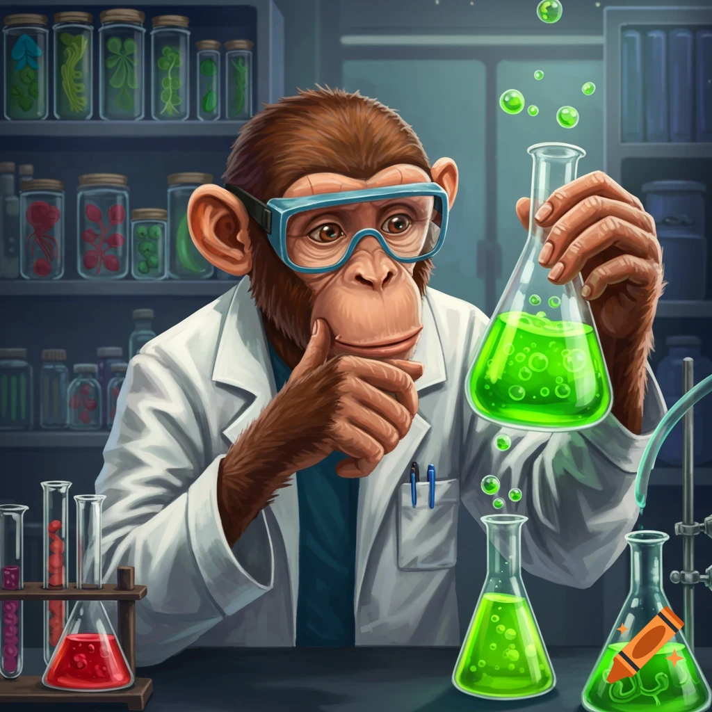 Cartoon monkey scientist in a lab holding a flask of green liquid.