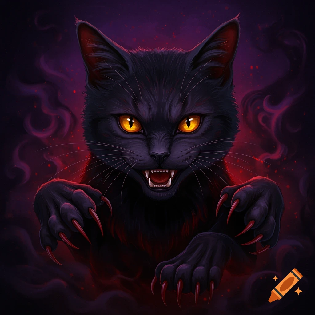 An aggressive black cat with red claws and glowing yellow eyes is surrounded by dark smoke.