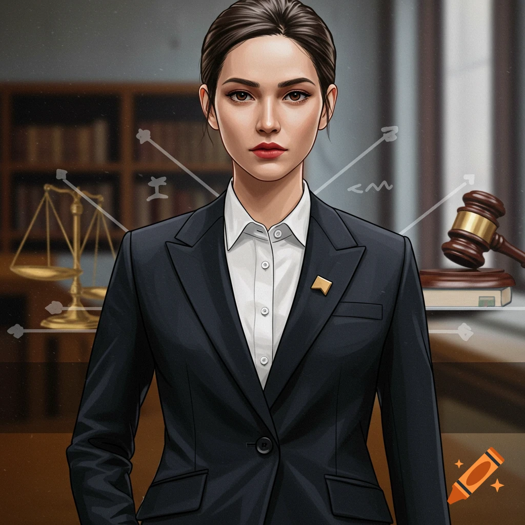 Digital illustration of a female lawyer in a suit standing in a legal setting with scales and a gavel.
