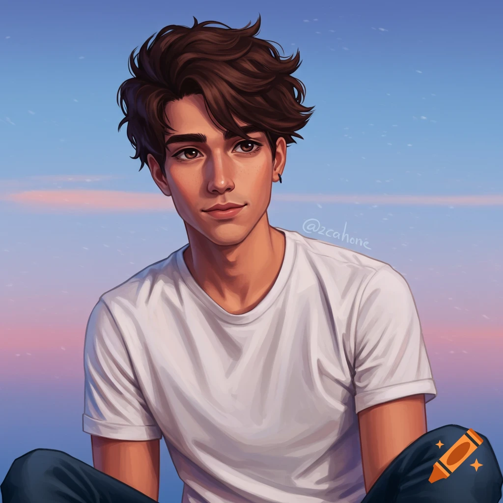Portrait of a young man with brown hair against a colorful sky.