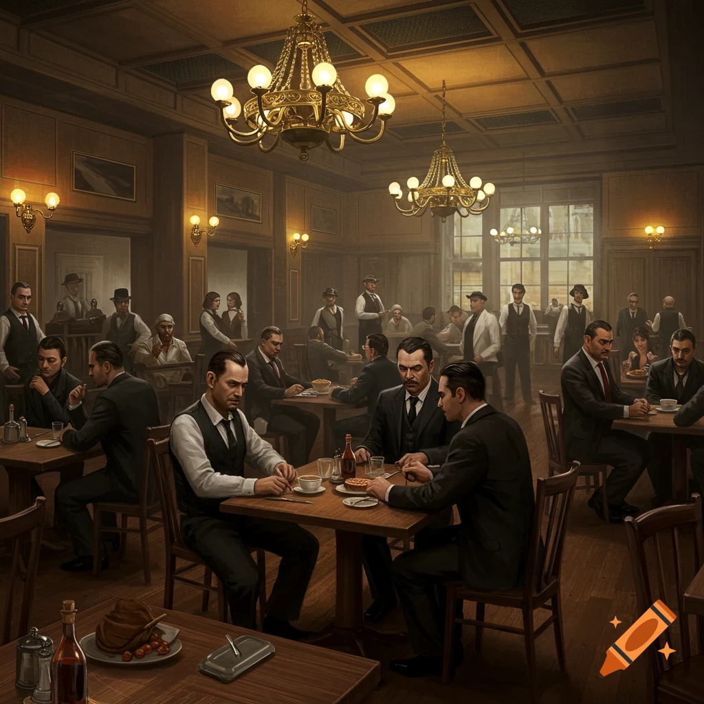 Painting of people in formal attire sitting at tables in a dimly lit cafe with chandeliers.