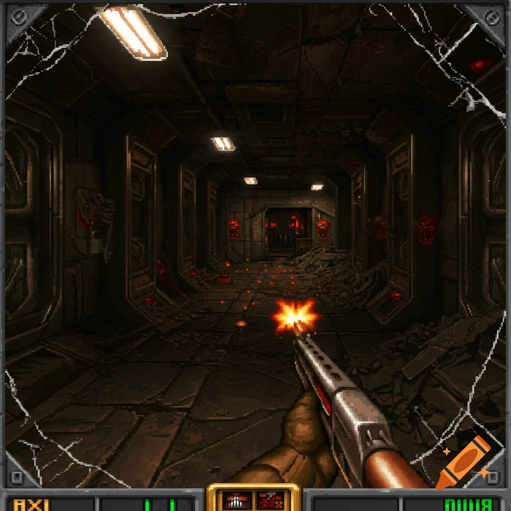 First-person view pixel art from a retro sci-fi shooter game, firing a shotgun in a dark, debris-filled corridor with monsters.