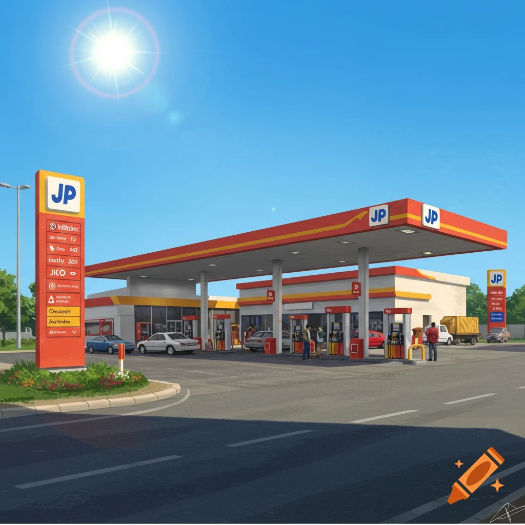 A JP gas station with cars and people under a bright sun.