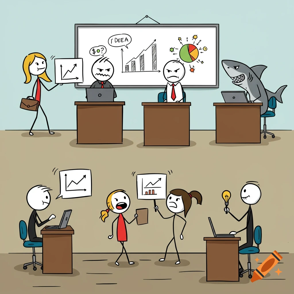 Cartoon stick figures in a business meeting presenting charts to evaluators, including a shark.