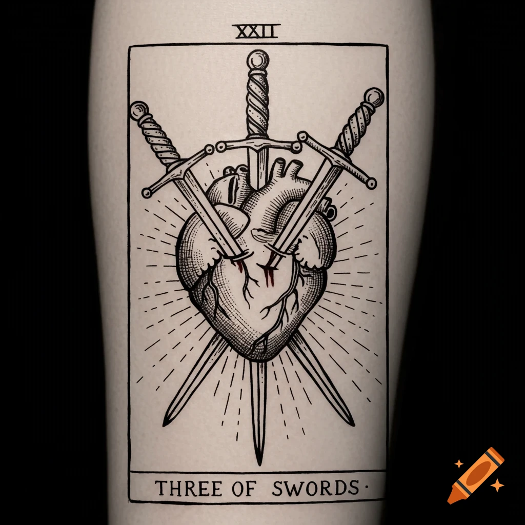 Black and grey tattoo style illustration of a heart pierced by three swords, framed like a tarot card with text.