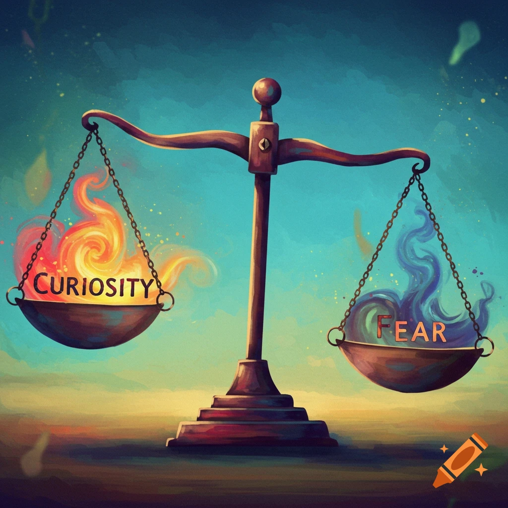 A scale weighing burning Curiosity against smoky Fear.
