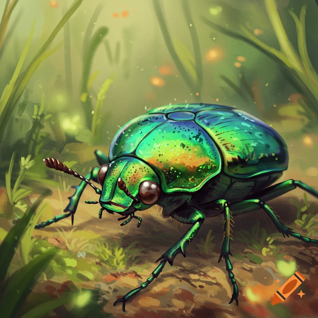 A detailed image of a shiny green beetle with iridescent shell, sitting in blurred grass.