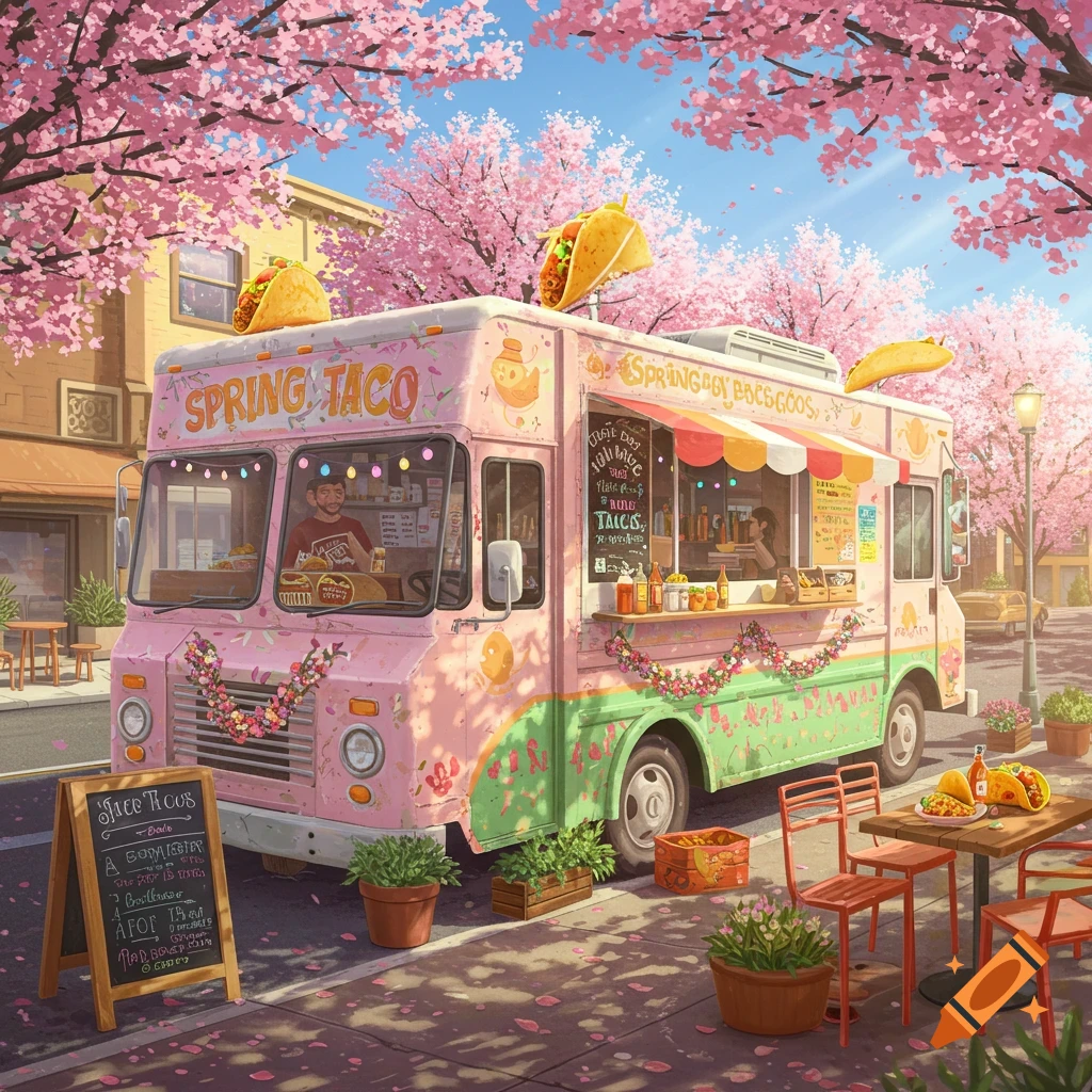 A pink taco truck is parked under cherry blossoms.