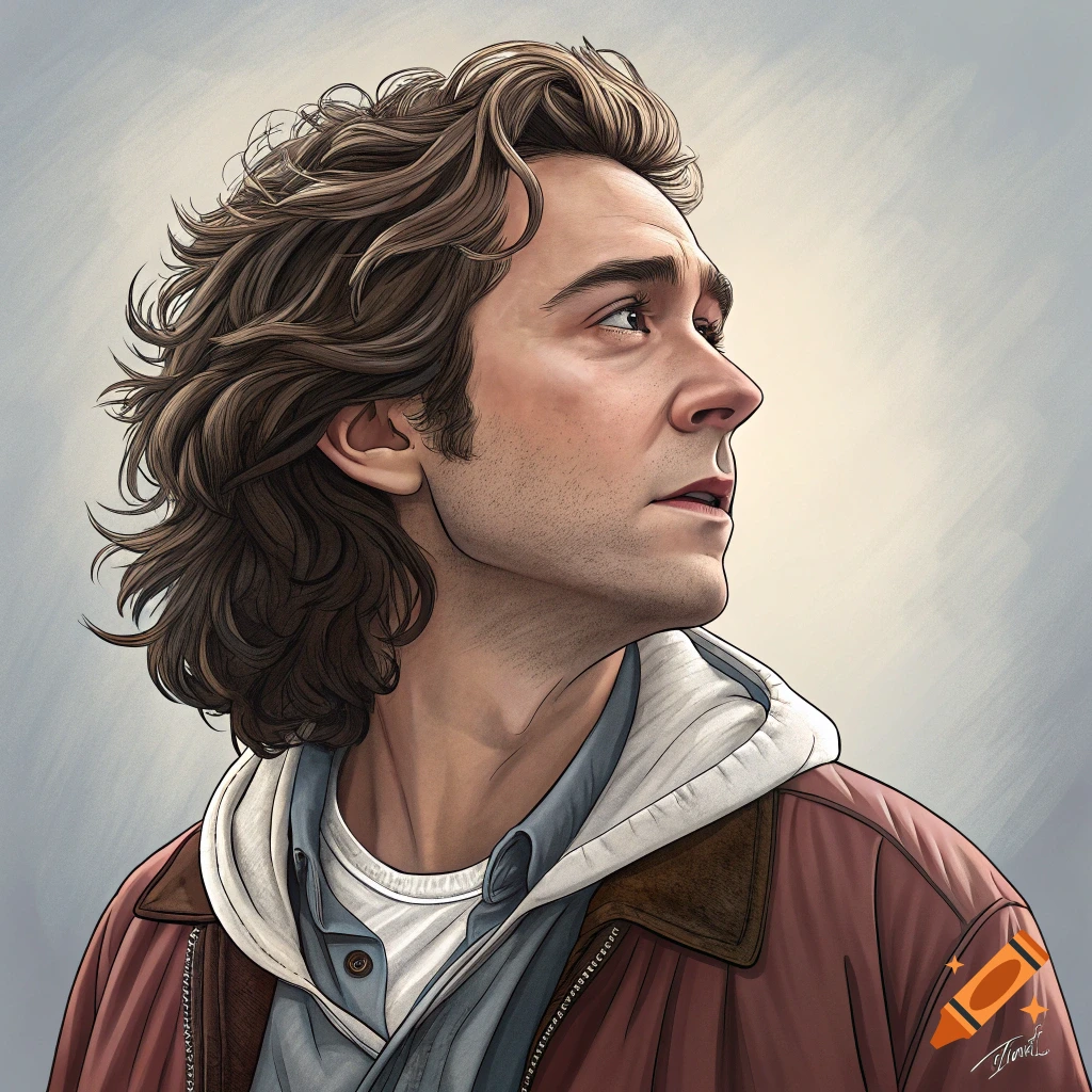 Stylized portrait of a man with long brown hair, looking up.