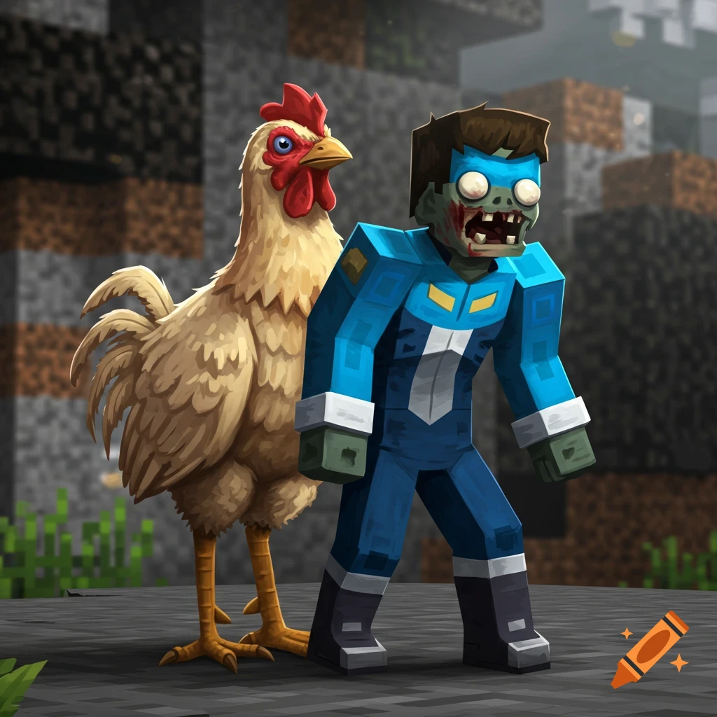 A Minecraft zombie in a blue and white suit stands next to a realistic chicken against a blocky terrain background.