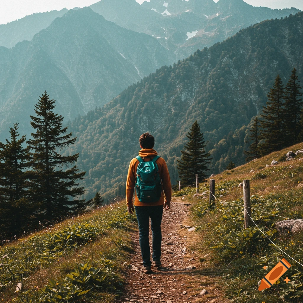 A hiker walks on a mountain path towards distant peaks and forests.