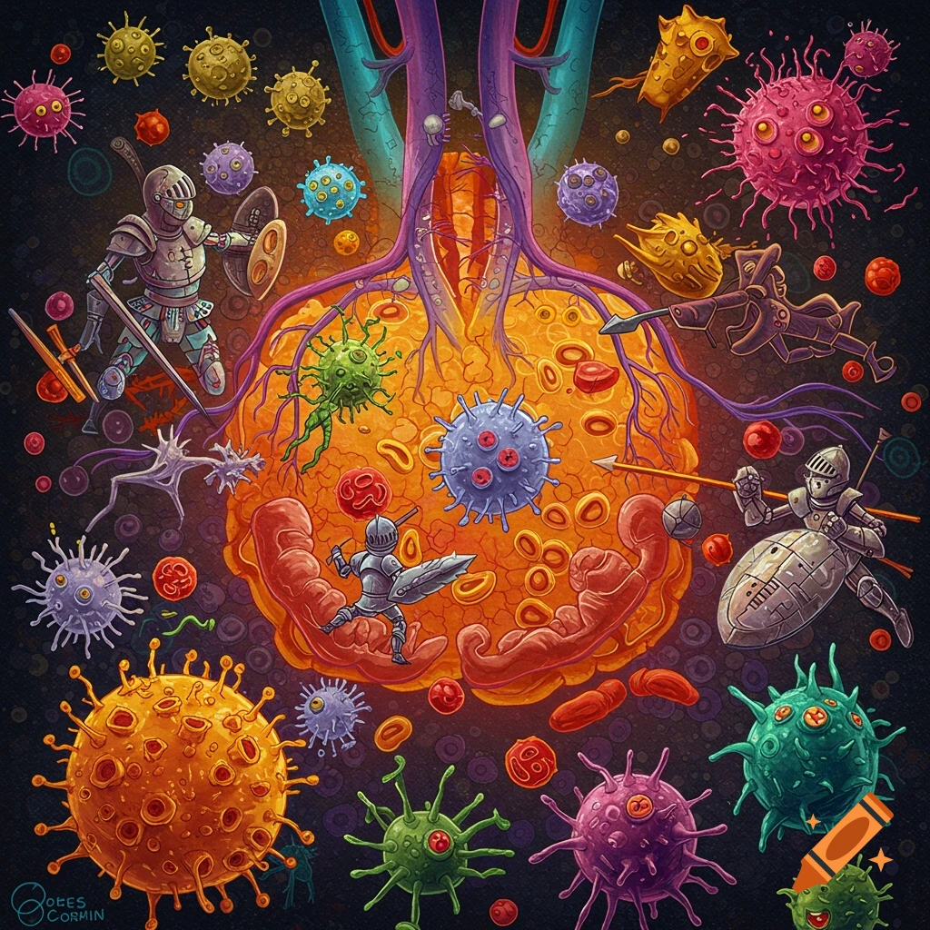 A microscopic view of immune cells depicted as valiant knights battling viruses and bacteria inside the human body.