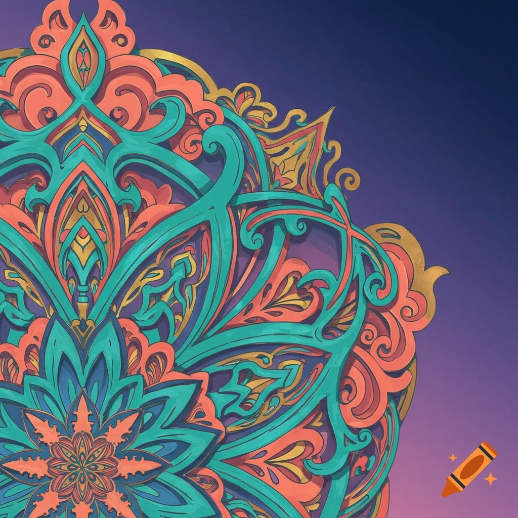 A colorful mandala artwork with intricate teal orange and gold