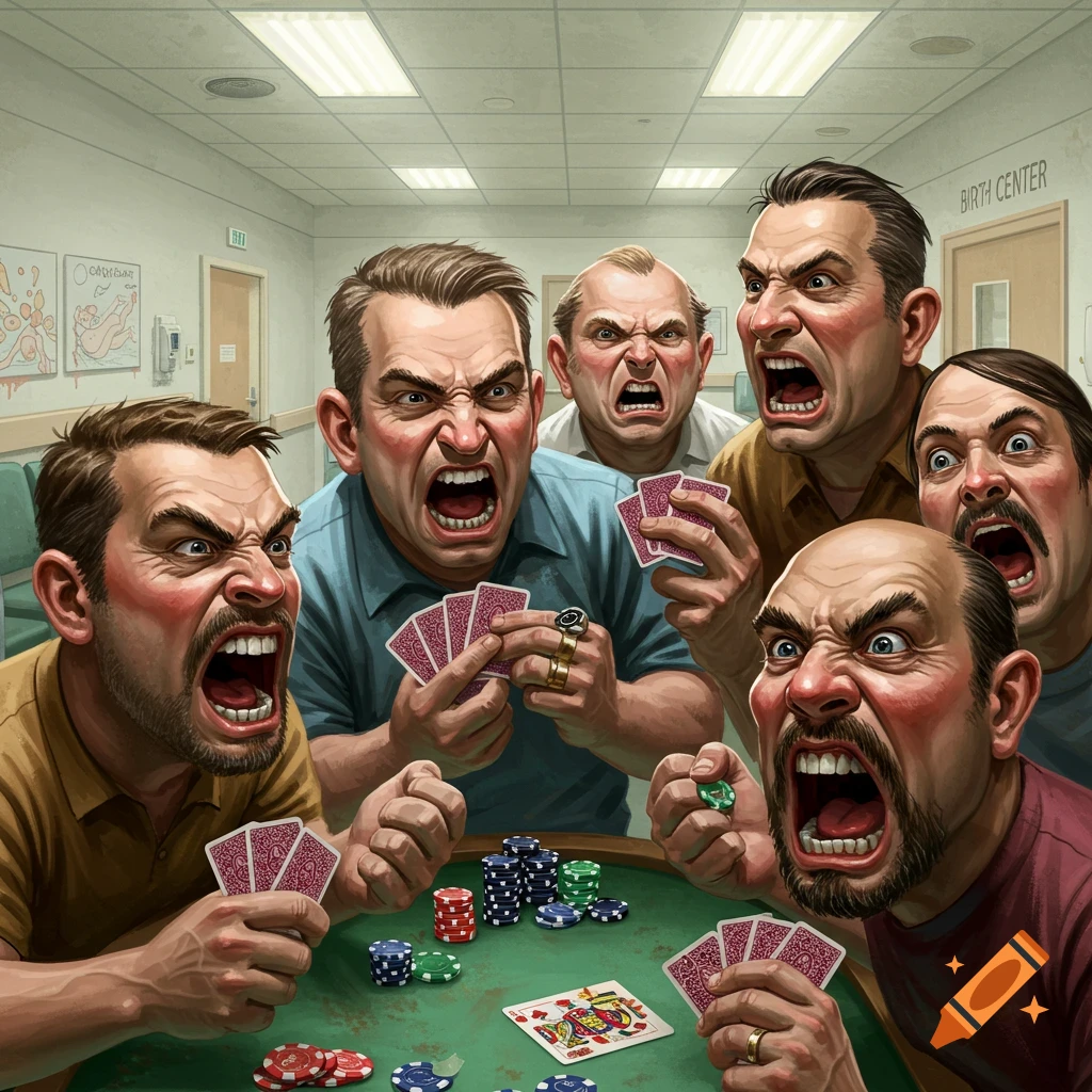 Angry men yelling while playing poker in a hospital birth center waiting room.