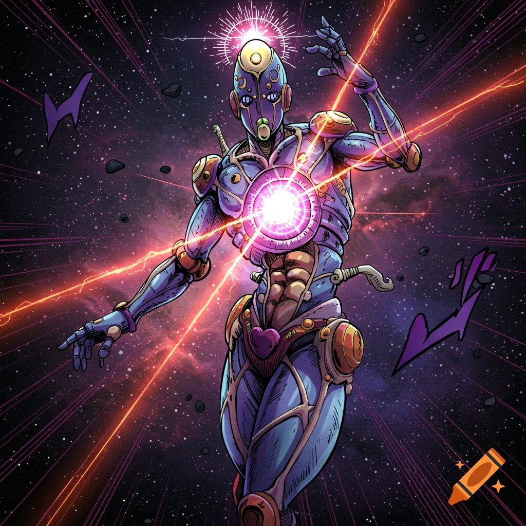 A purple and gold anime-style character with glowing core in space with stars and energy beams.
