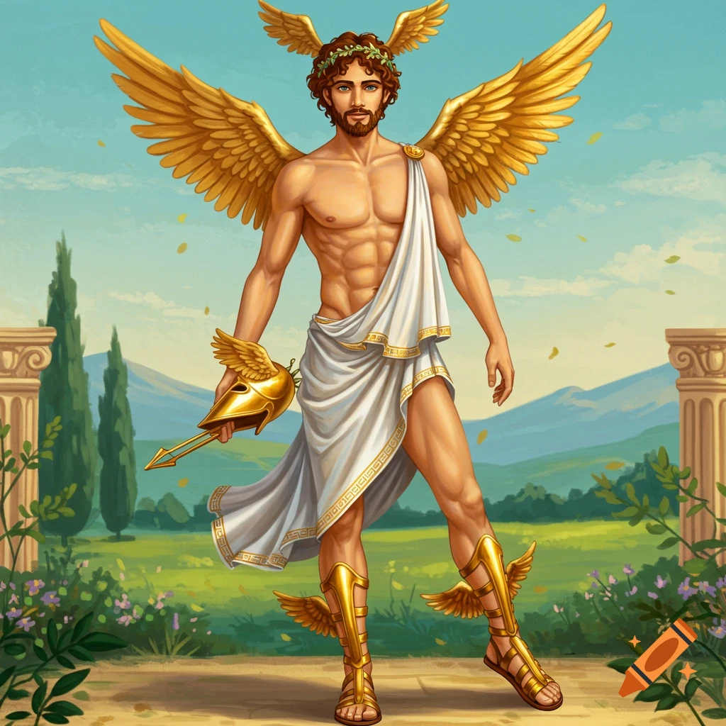 Painting of Hermes, Greek god, with golden wings, wearing a toga and sandals, holding a helmet, in a landscape.