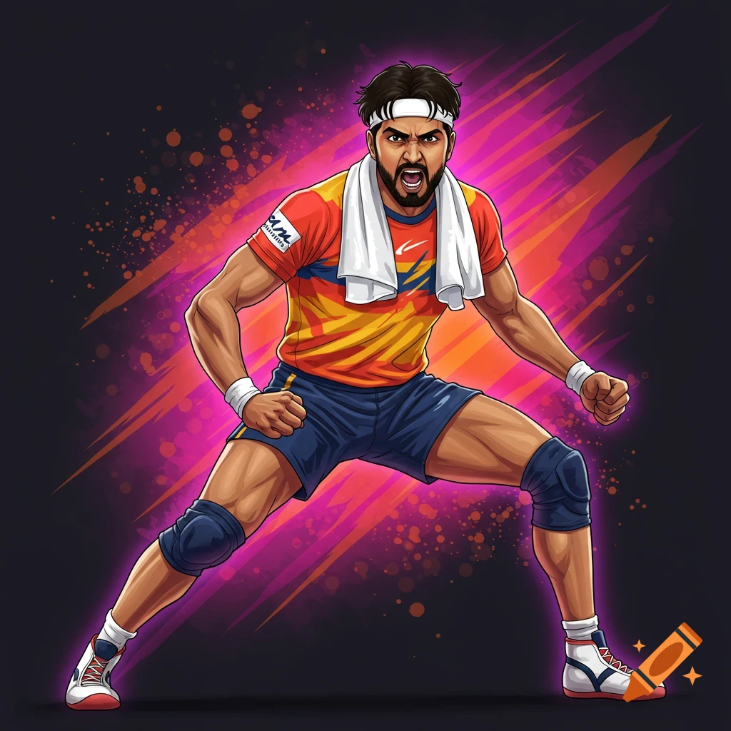 Stylized image of a male Kabaddi player in an aggressive pose.