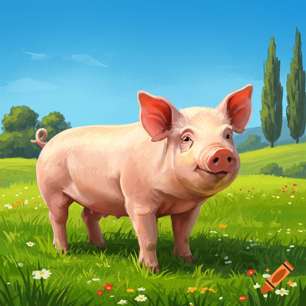 A pink pig standing in a grassy field with flowers