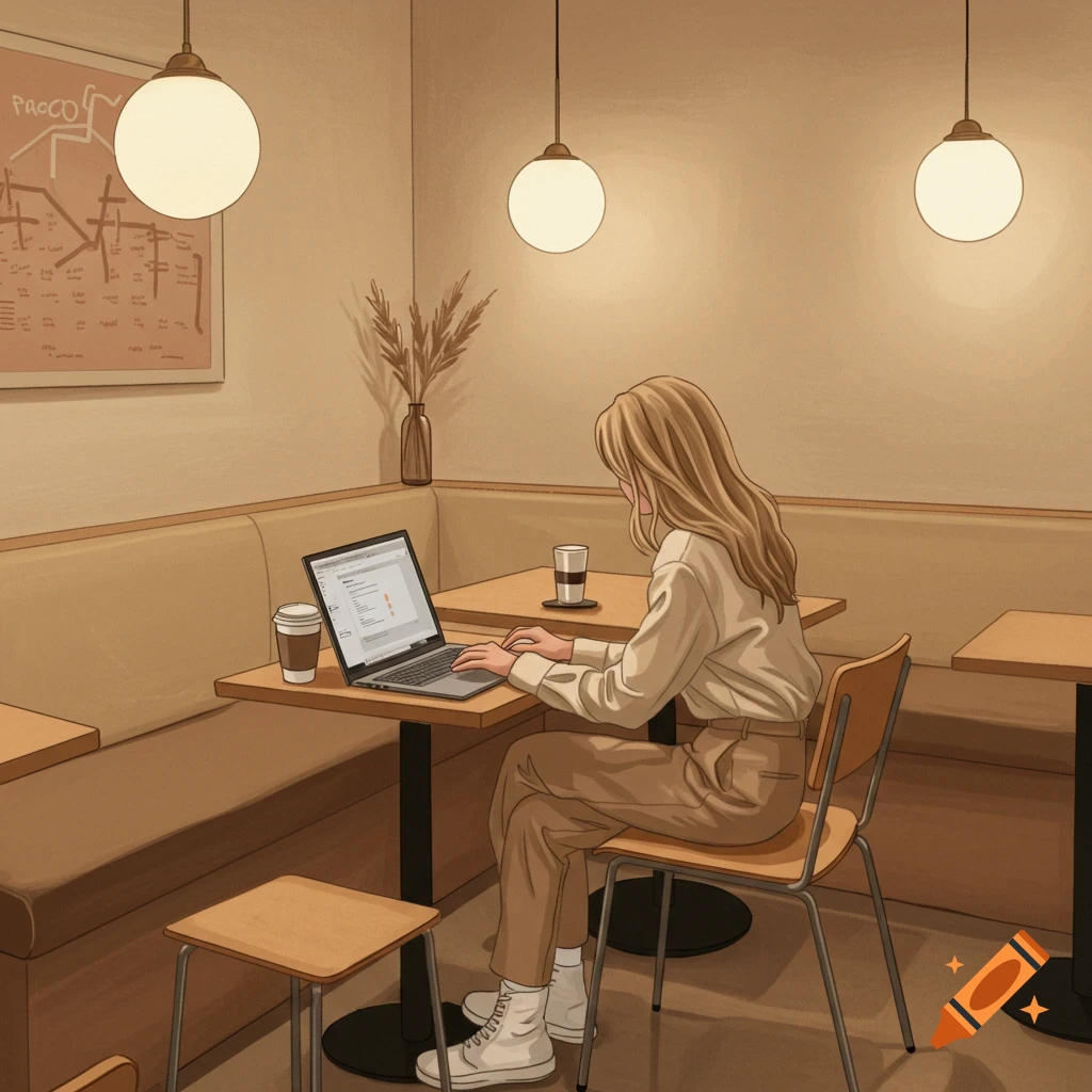 Illustration of a woman working on a laptop in a cozy beige aesthetic coffee shop.