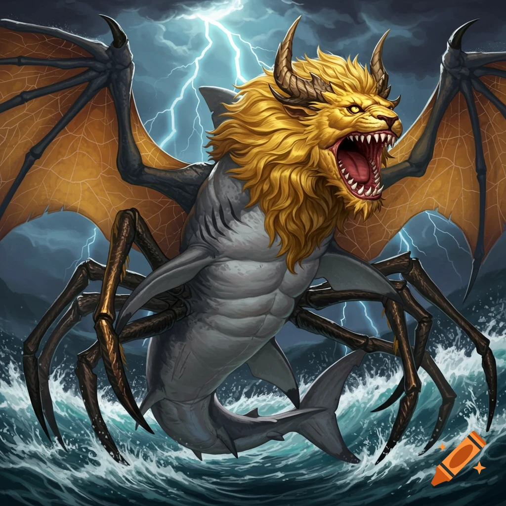 A hybrid creature with a shark body, lion head, dragon wings, and spider legs rising from stormy seas under lightning.