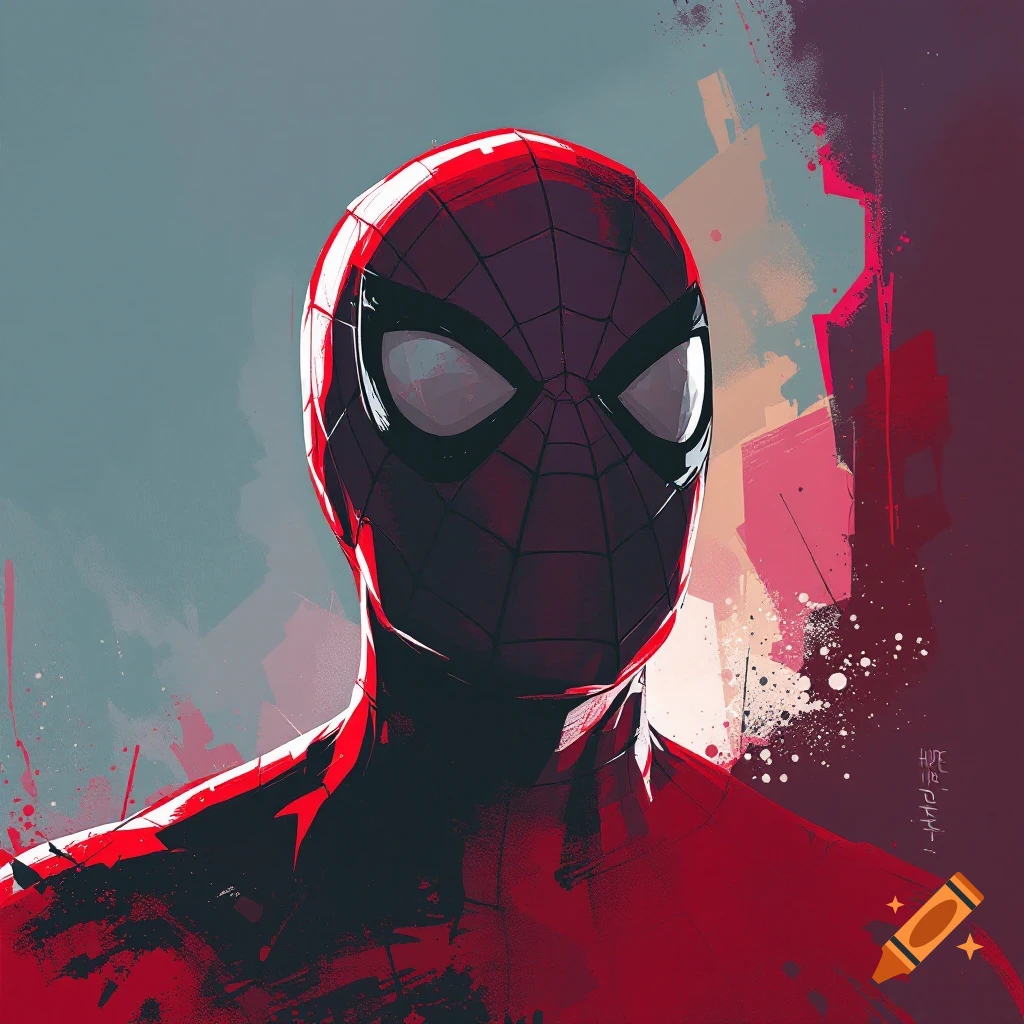 A depiction of Spider-Man's masked face and upper body in red and grey tones with abstract splashes.