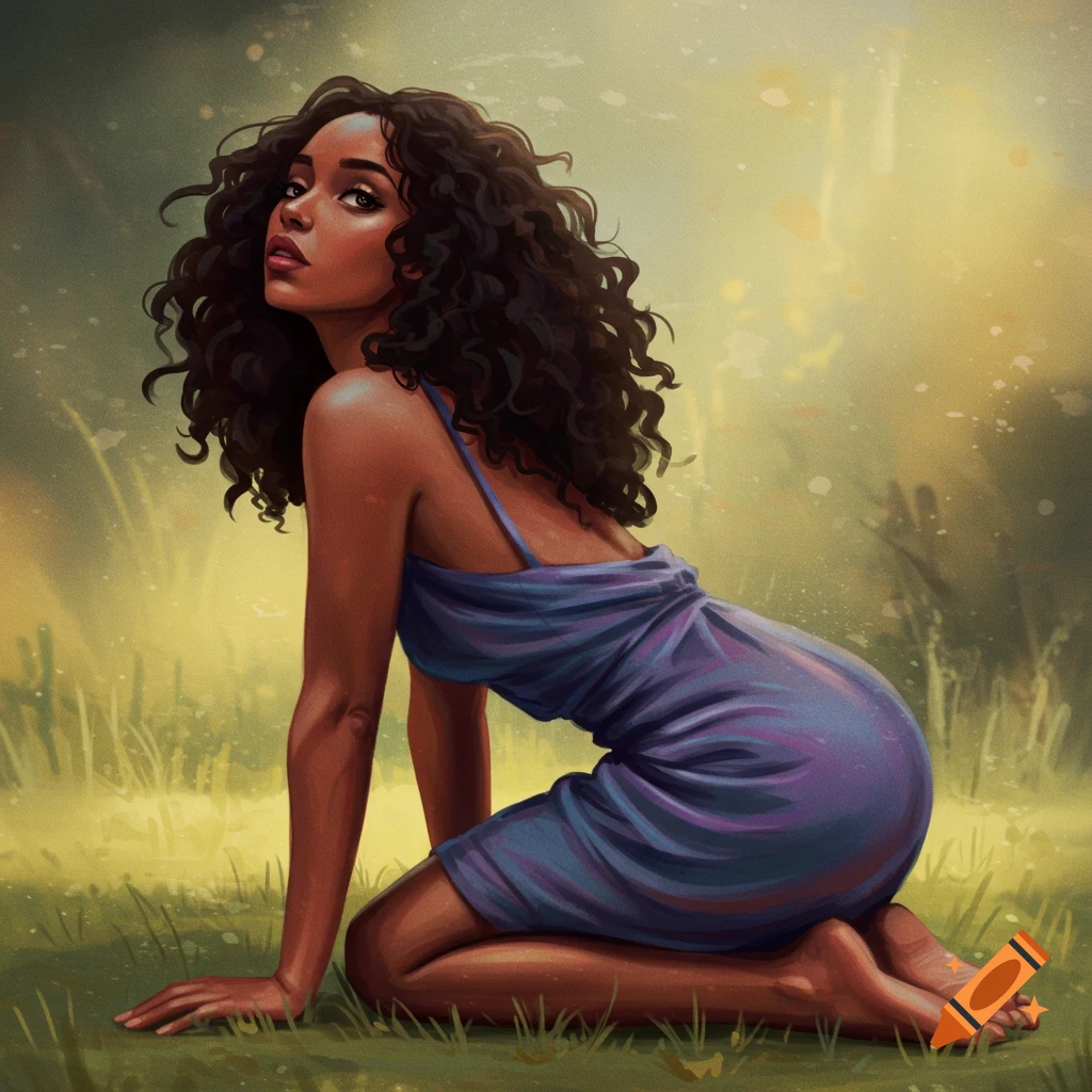A woman in a blue dress is kneeling in the grass