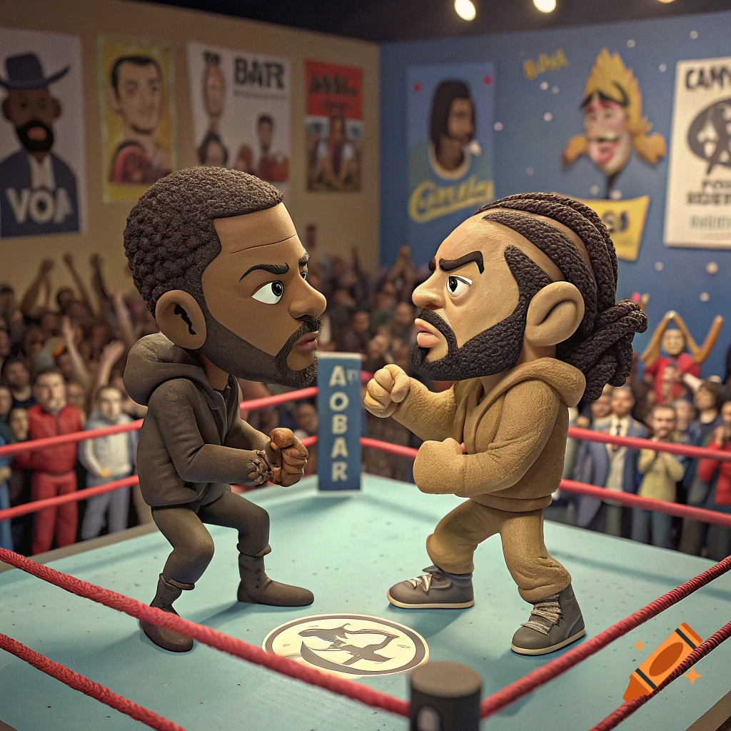 Claymation figures resembling Kendrick Lamar and Drake boxing in a ring with a crowd.