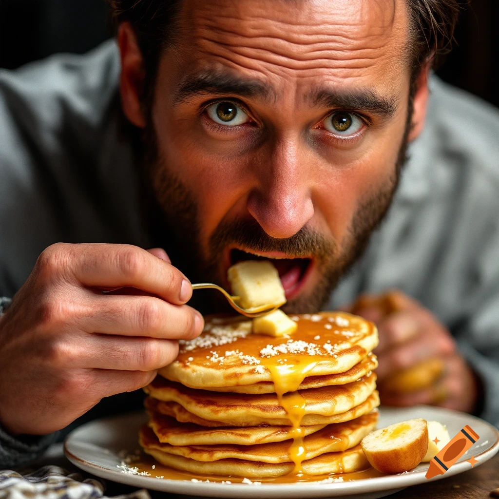 A man leans in to eat a stack of pancakes topped with butter and syrup.